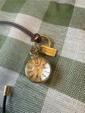 RARE Coach Gold-Tone Globe Watch Charm Necklace with Brown Leather Cord
